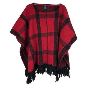 Lauren Ralph Lauren 98% Wool Pop-Over Plaid Poncho, Red, Black Fringe no arm hol